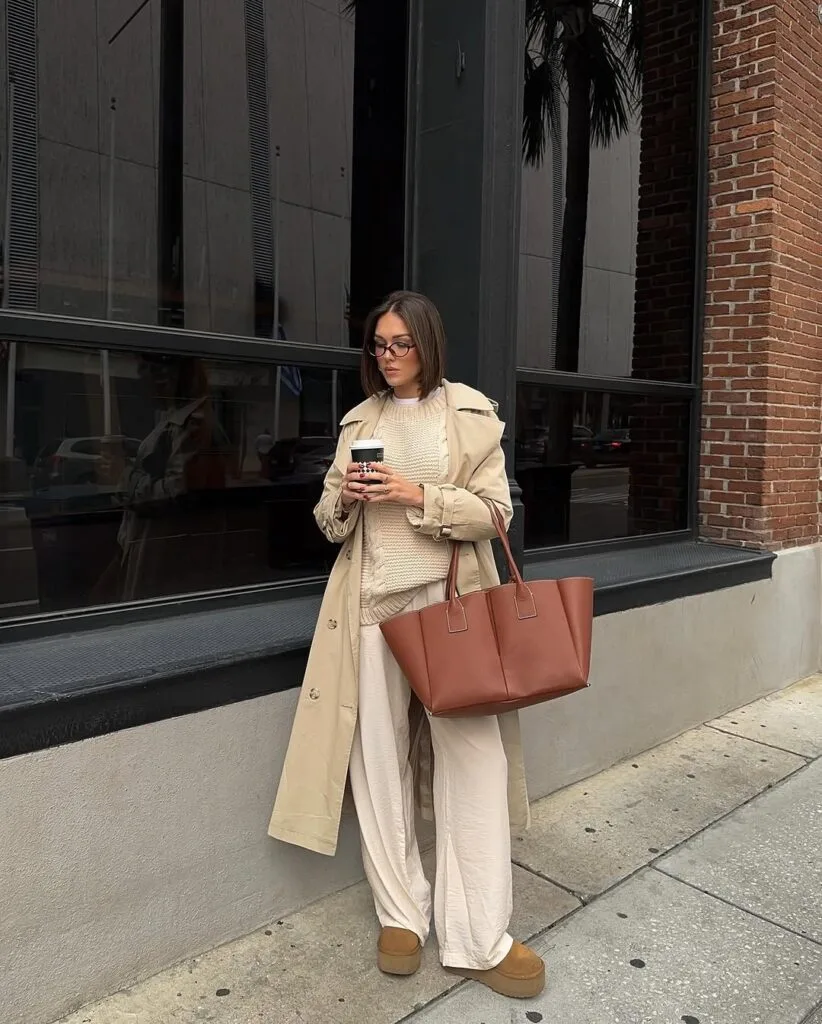 UGG camel avec trench beige, pull fin et pantalon large écru