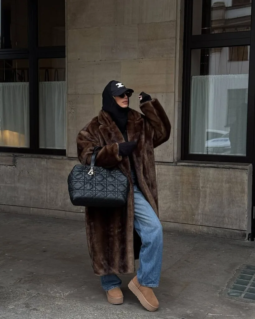UGG taupe avec long manteau en fausse fourrure, hoodie et jean large
