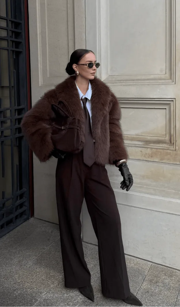 Veston en fausse fourrure chocolat porté avec un pantalon marron et des gants