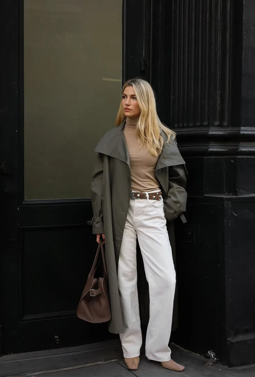 Bottines en daim camel avec jean blanc large et trench vert olive