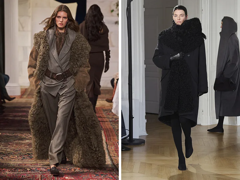 Longs manteaux en peau lainée marron et noire sur les défilés