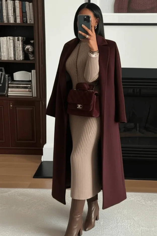 Manteau long bordeaux sur robe en maille beige et bottes marron