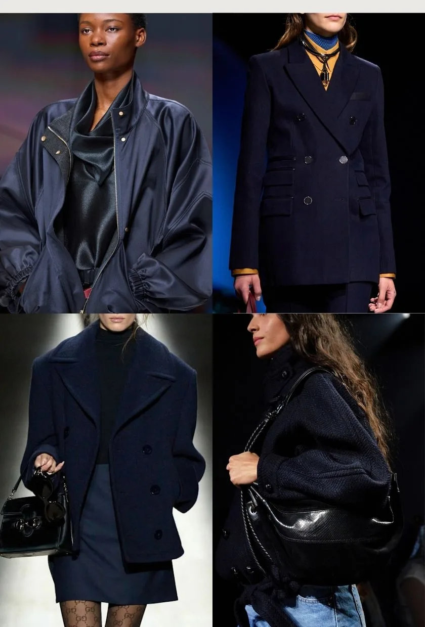 Manteaux et vestes bleu nuit sur les podiums hiver 2026-2027