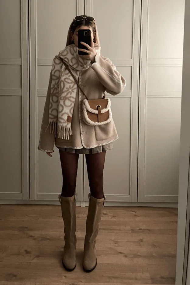 Robe pull crème, grande écharpe assortie, collants et bottes marron